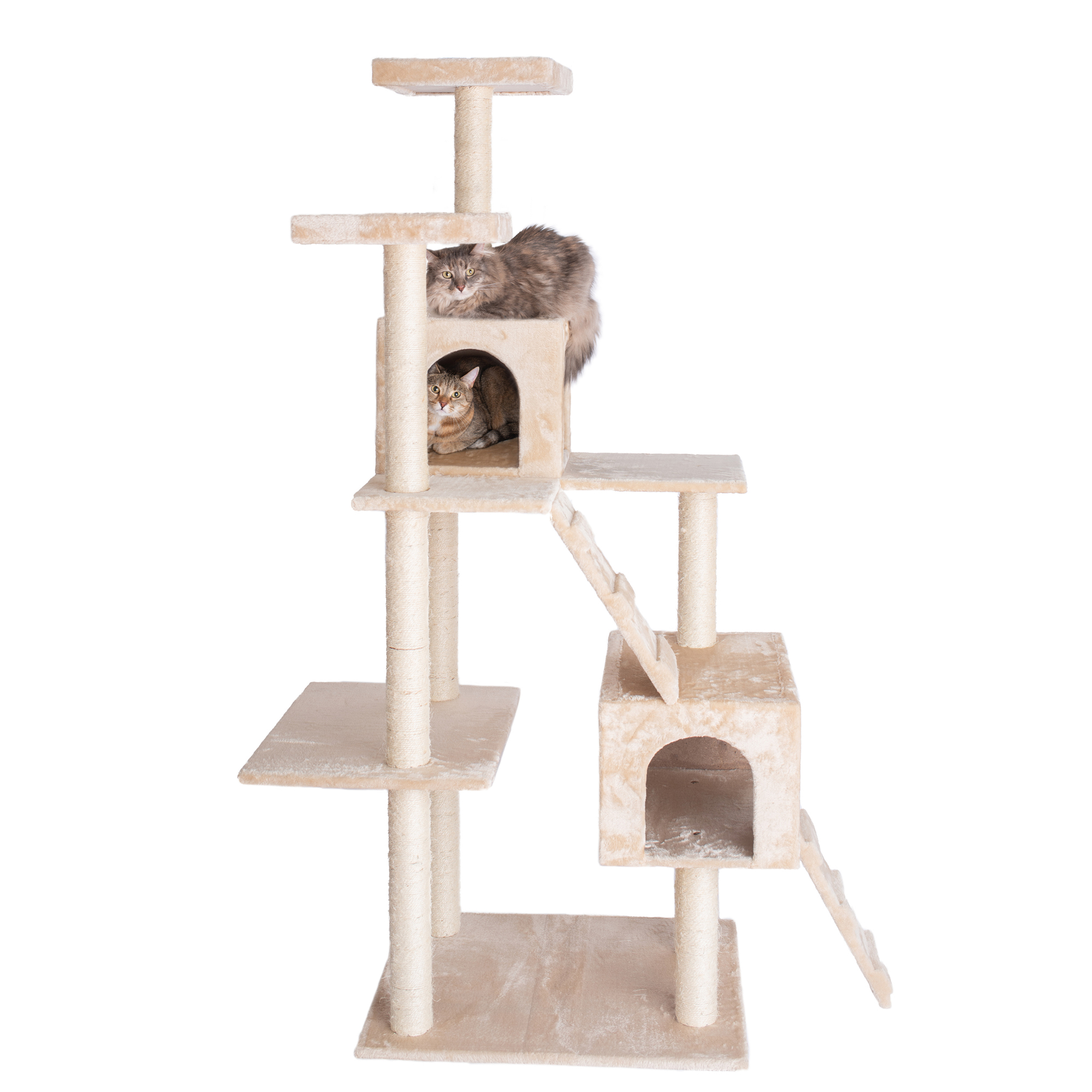 GeeWhiz 70-Inch Real Wood Cat Tree In Beige With Two Ramps & Condos ...