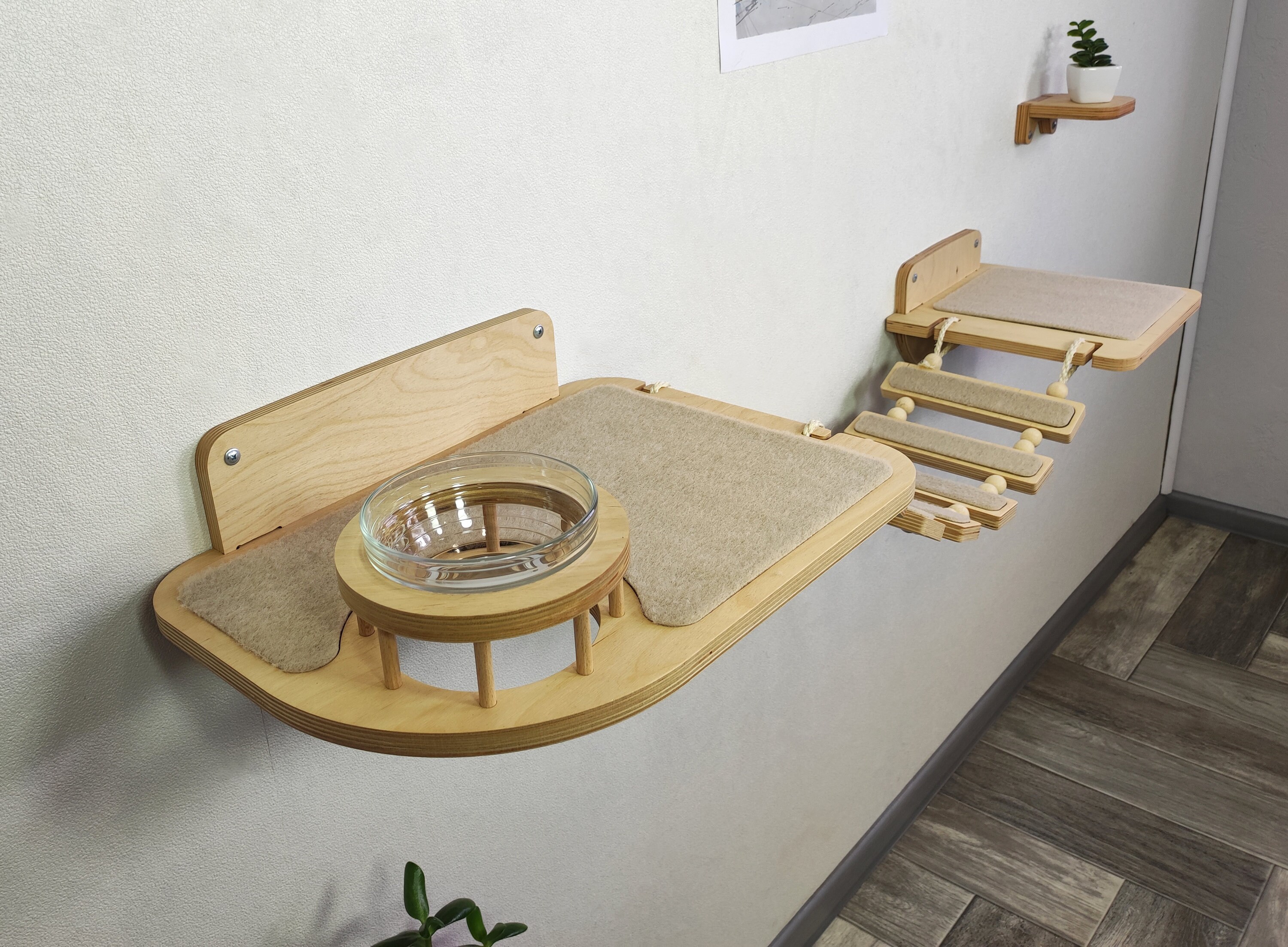 Wall Mounted Cat Feeding Shelf with Bridge and Glass Bowl 244