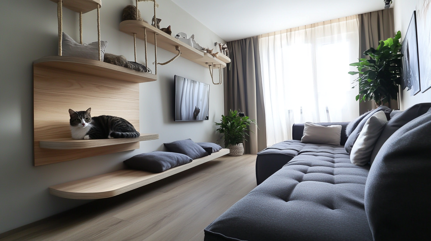 Big cat relaxing on wall-mounted shelves in a small apartment living room